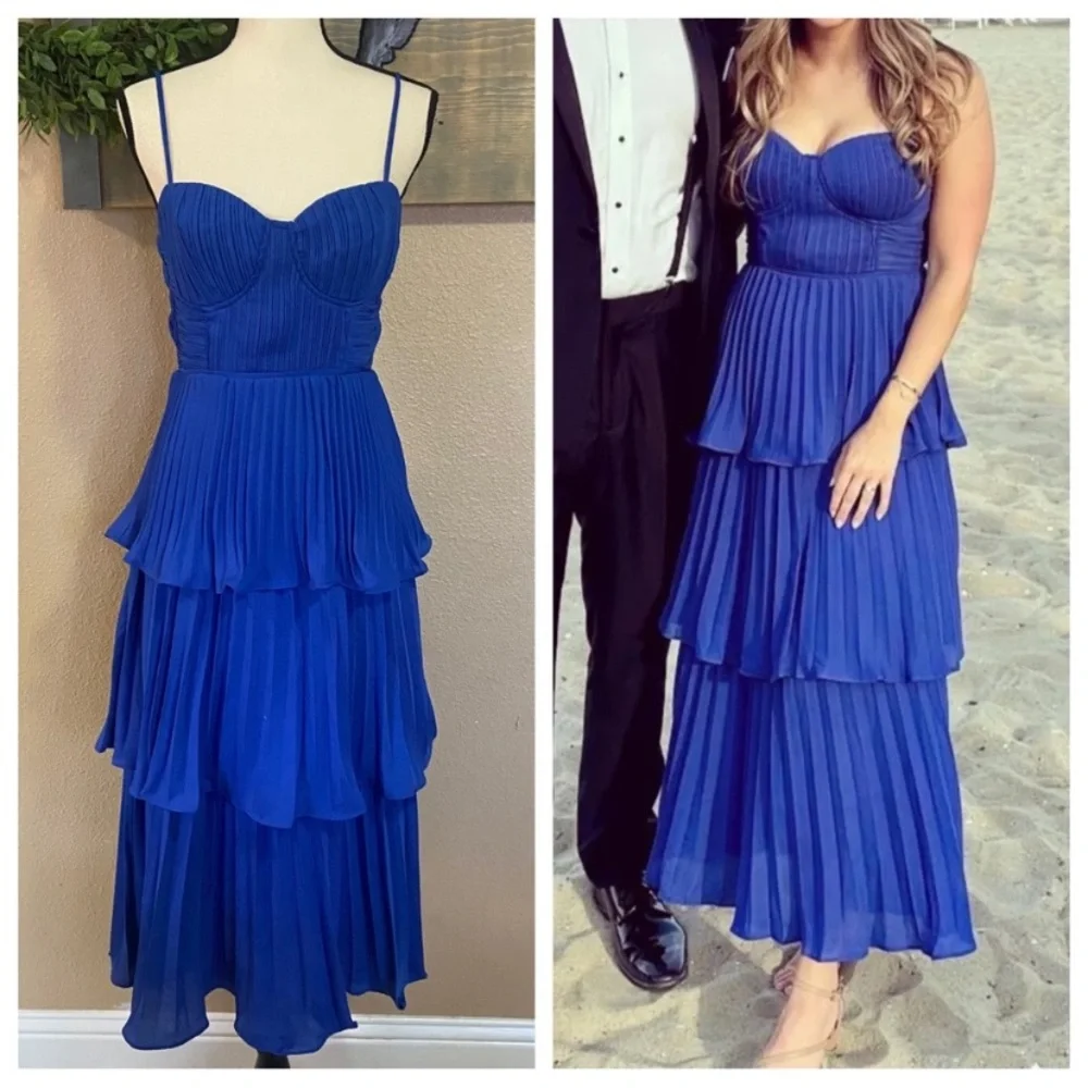 NWOT Lulus Cascading Crush Cobalt Blue Tiered Bustier Midi Dress